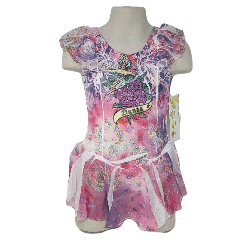 Duck Crossing Y2K Leotard Dance Skate Dress Bling Rose Airbrush CS Size S